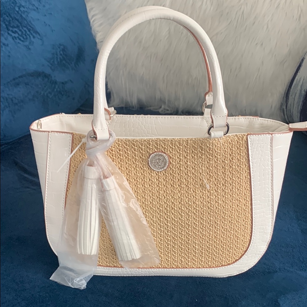 Anne Klein White and Tan Satchel with Chic Tassel with shoulder strap.